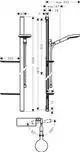 Montagezeichnung eines Hansgrohe Brausesets mit Brausestange, Zubehör und Maßeinheiten, dargestellt in technischem Stil und inklusive verschiedener Montageoptionen.